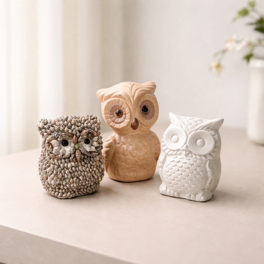 Vintage Sea Owls Shell /Chalk Folk Art Sculpture Owl Figurine Google Eyes Lot 3